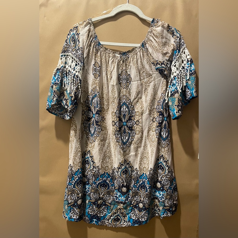 Umgee Bohemian Print with Lace Detail Dress. Size Small